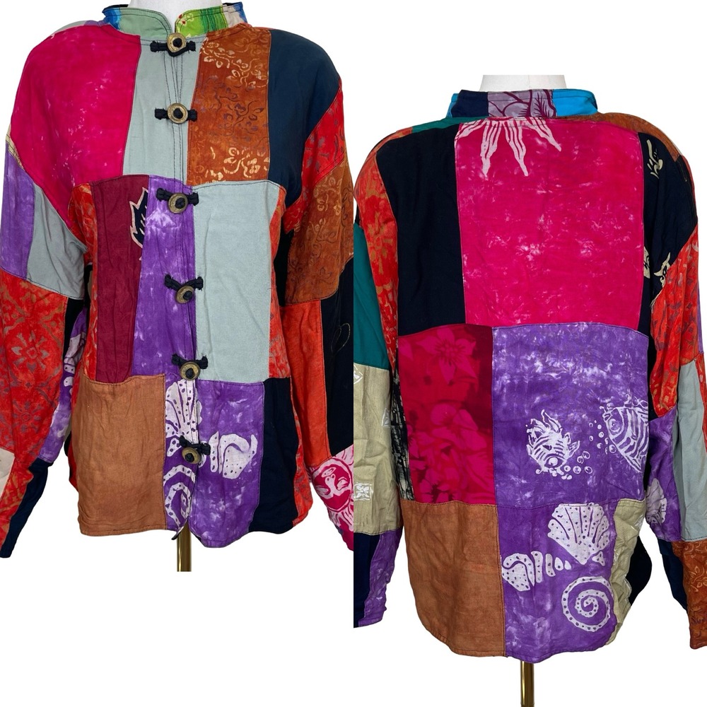 Kosi Bali Collection Patchwork‎ Kimono Jacket L Rayon Mandarin Collar Celestial